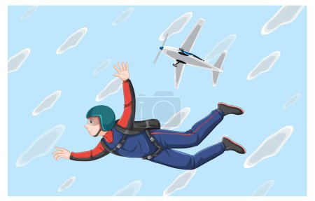 Ilustración de Hombre paracaidista caída libre en el cielo con avión en la ilustración de fondo - Imagen libre de derechos