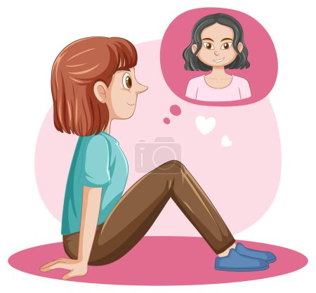 Illustration for Puberty girl thinking about her bestfriend illustration - Royalty Free Image