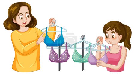 Téléchargez les illustrations : Mère et fille choisissant un soutien-gorge pendant la puberté illustration - en licence libre de droit