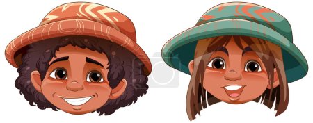 Illustration for Set of hippie cartoon character wearing hat illustration - Royalty Free Image