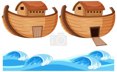 Illustration for Set of wooden boat and wave illustration - Royalty Free Image