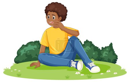 Illustration for Emotional teen sitting on the grass illustration - Royalty Free Image