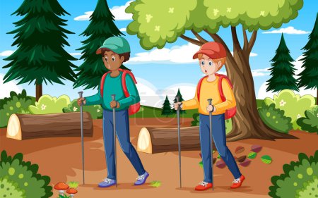 Ilustración de Niños adolescentes Trekking a través del bosque ilustración - Imagen libre de derechos