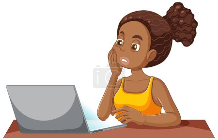 Téléchargez les illustrations : Inquiète fille afro-américaine en utilisant l'illustration ordinateur portable - en licence libre de droit