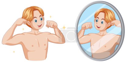 Téléchargez les illustrations : Puberty Boy Vérification des changements physiques dans l'illustration miroir - en licence libre de droit