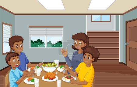 Téléchargez les illustrations : Une famille afro manger des aliments sains illustration - en licence libre de droit