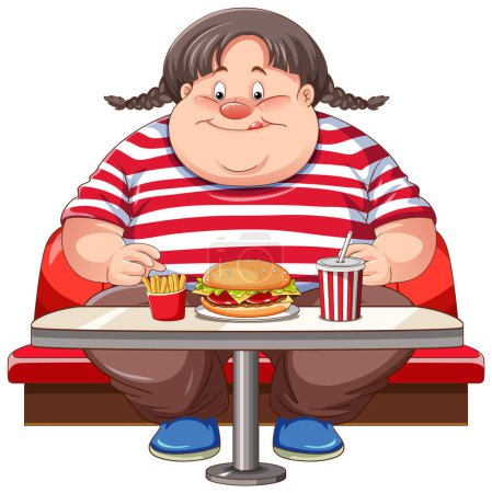 Illustration for Overweight woman eating fast food at the restaurant isolated illustration - Royalty Free Image