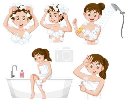Ilustración de Conjunto de adolescente haciendo auto cuidado limpieza rutina ilustración - Imagen libre de derechos