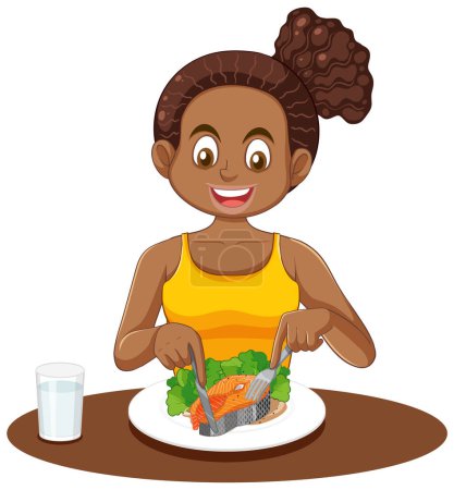 Illustration for Puberty girl having salmon meal on the table illustration - Royalty Free Image