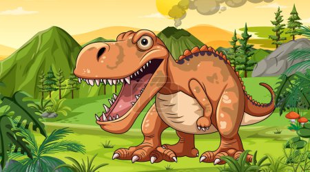 Téléchargez les illustrations : Tyrannosaure dans l'illustration de scène préhistorique - en licence libre de droit