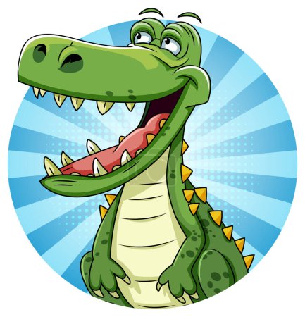 Ilustración de Lindo personaje de dibujos animados cocodrilo en ilustración de fondo cómico retro - Imagen libre de derechos