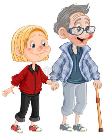 Illustration for Grandfather and granddaughter cartoon character illustration - Royalty Free Image