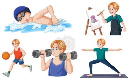Illustration for Teenage Boys Doing Different Activities Collection illustration - Royalty Free Image