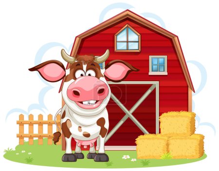 Téléchargez les illustrations : Vache avec grange dans l'illustration de style dessin animé - en licence libre de droit