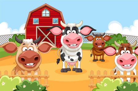 Téléchargez les illustrations : Groupe de vaches dans l'illustration de la ferme - en licence libre de droit