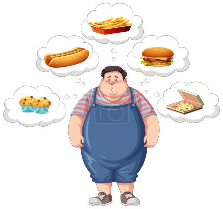Illustration for Overweight man thinking about fast food illustration - Royalty Free Image