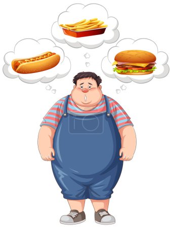 Ilustración de Hombre con sobrepeso pensando en la ilustración de comida rápida - Imagen libre de derechos