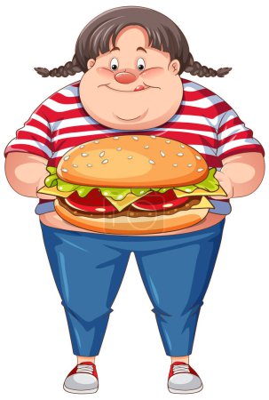 Ilustración de Mujer con sobrepeso sosteniendo comida rápida ilustración de personajes de dibujos animados - Imagen libre de derechos