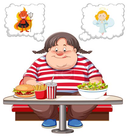 Illustration for Overweight woman fighting between eating healthy or unhealthy food illustration - Royalty Free Image