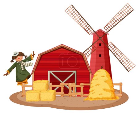 Téléchargez les illustrations : Grange agricole avec illustration moulin à vent - en licence libre de droit