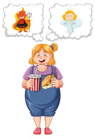 Téléchargez les illustrations : Femme en surpoids combattant entre manger des aliments sains ou malsains illustration - en licence libre de droit