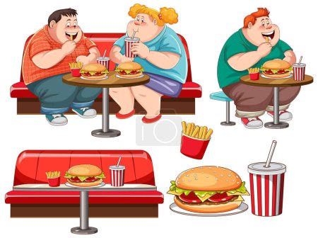 Téléchargez les illustrations : Fat Couple manger Fast Food illustration - en licence libre de droit