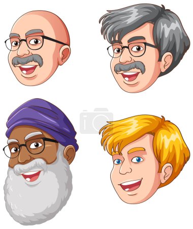 Illustration for Set of middle age man head different races illustration - Royalty Free Image