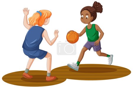 Illustration for Two Adolescent Girls Playing Basketball illustration - Royalty Free Image