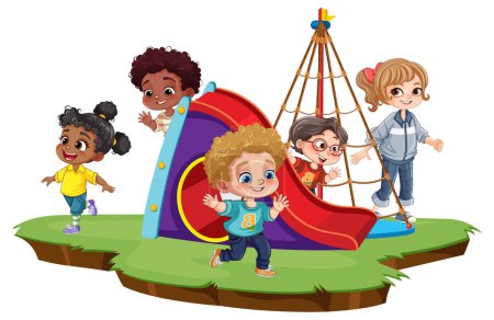 Ilustración de Niños con diferentes razas jugando en la ilustración de diapositivas del patio de recreo - Imagen libre de derechos
