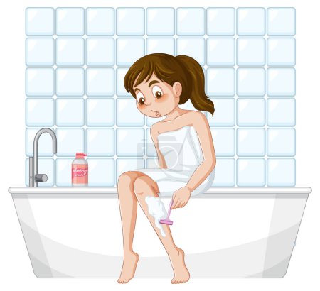 Téléchargez les illustrations : Une adolescente rasage jambe dans la salle de bain illustration - en licence libre de droit