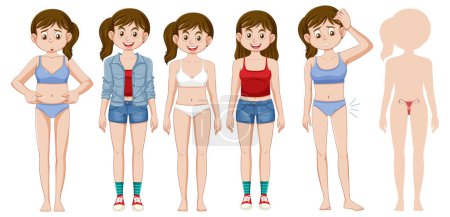 Téléchargez les illustrations : Ensemble de jeunes femmes avec différentes tenues et illustration du corps - en licence libre de droit