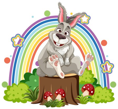 Ilustración de Conejo divertido con ilustración de fondo de arco iris - Imagen libre de derechos