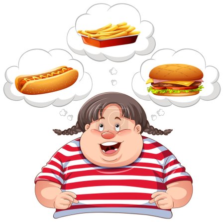 Ilustración de Mujer con sobrepeso pensando en la ilustración de comida rápida - Imagen libre de derechos