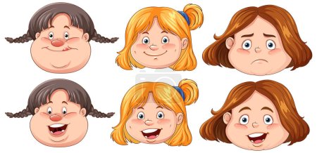 Illustration for Overweight girl facial expression collection illustration - Royalty Free Image