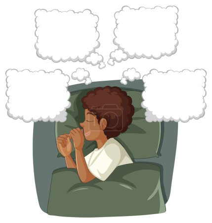 Téléchargez les illustrations : Africain garçon dormir avec blanc discours bulle rêve illustration - en licence libre de droit