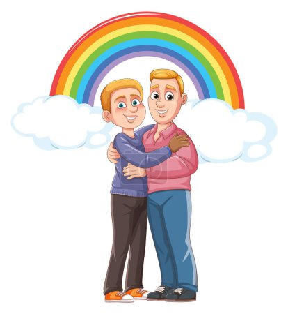 Illustration for Male couple cartoon character with rainbow pride at the background illustration - Royalty Free Image