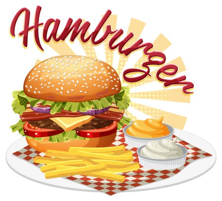 Illustration for Delicious Hamburger with text icon illustration - Royalty Free Image