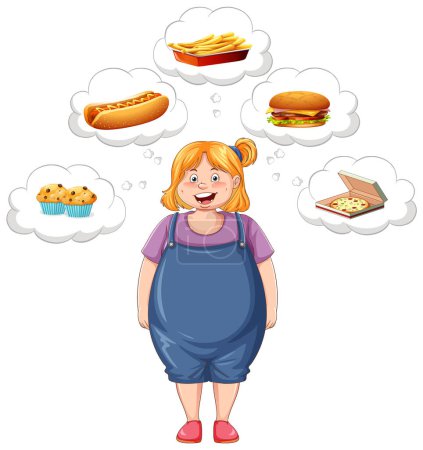 Ilustración de Chica con sobrepeso pensando en la ilustración de comida rápida - Imagen libre de derechos