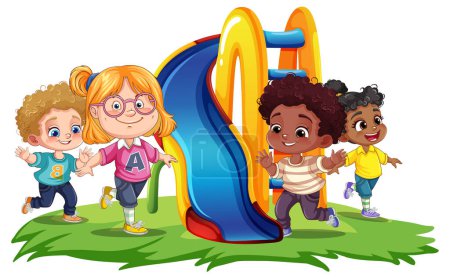 Téléchargez les illustrations : Enfants avec différentes courses jouant à l'illustration de diapositives de terrain de jeu - en licence libre de droit