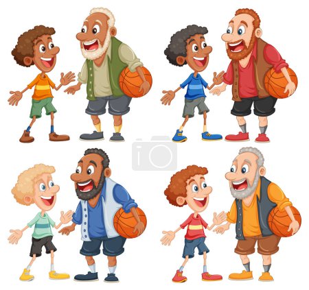 Illustration for Set of middle age man playing basketball with boy illustration - Royalty Free Image