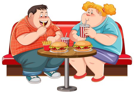 Téléchargez les illustrations : Couple gras mangeant de la restauration rapide à l'illustration du restaurant - en licence libre de droit