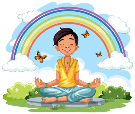 Illustration for Asian boy meditate at the garden illustration - Royalty Free Image