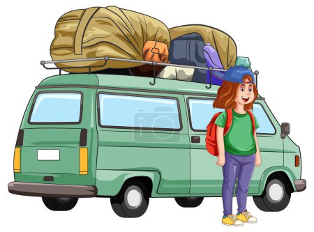 Téléchargez les illustrations : Camion de voyage avec illustration adolescente - en licence libre de droit
