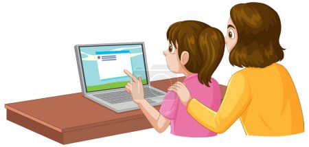 Illustration for Mother and daughter using laptop illustration - Royalty Free Image