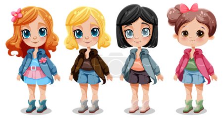Illustration for Set of cute girl cartoon character illustration - Royalty Free Image