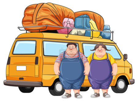 Téléchargez les illustrations : Camion de voyage avec illustration de couple en surpoids - en licence libre de droit
