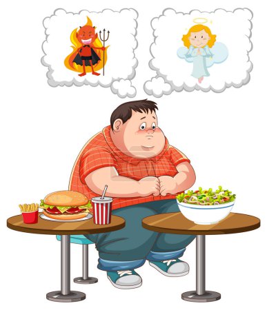 Ilustración de Hombre con sobrepeso luchando entre comer alimentos saludables o poco saludables ilustración - Imagen libre de derechos