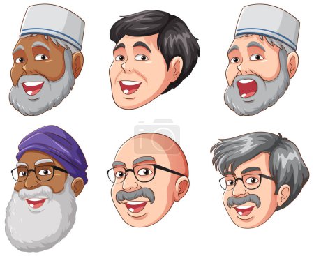 Téléchargez les illustrations : Illustration d'un ensemble de visages de personnes diverses dans différentes courses - en licence libre de droit