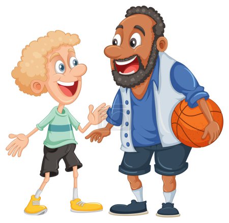 Illustration for Middle age Afro African man playing basketball with caucasian boy illustration - Royalty Free Image