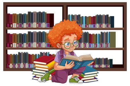 Illustration for Curly hair boy reading book illustration - Royalty Free Image
